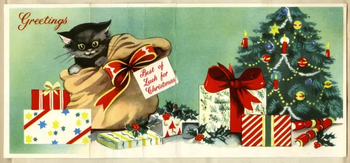Framed Print : Christmas card, Black kitten in a sack Framed Print : Christmas card, Black kitten in a sack