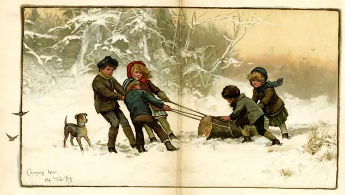 Framed Print : Christmas card, Carrying home the yule log Framed Print : Christmas card, Carrying home the yule log