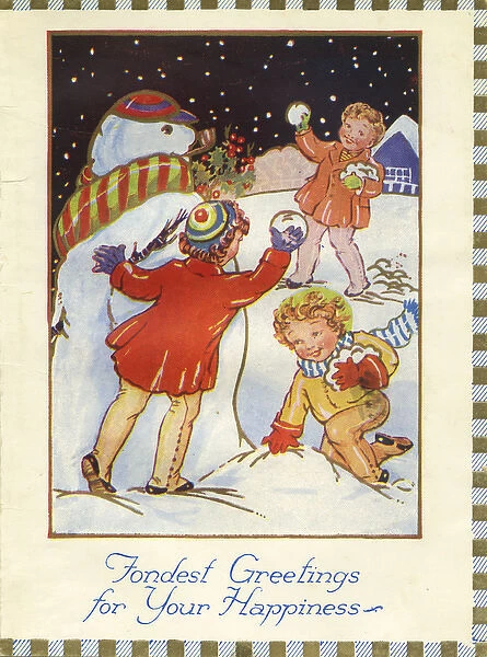 Christmas card, Children and snowman