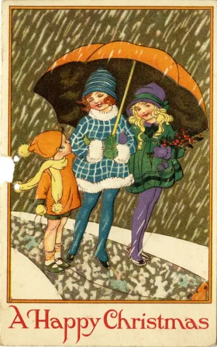Framed Print : Christmas Card - children under umbrella in snow Framed Print : Christmas Card - children under umbrella in snow