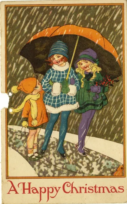 Framed Print : Christmas card, children under umbrella in snow Framed Print : Christmas card, children under umbrella in snow