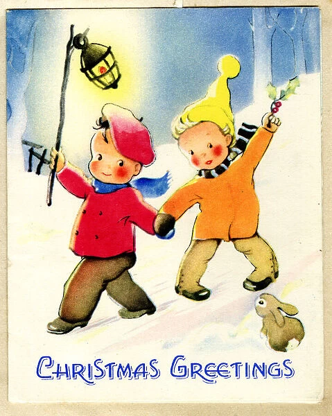Christmas card, Children walking in snow with lantern