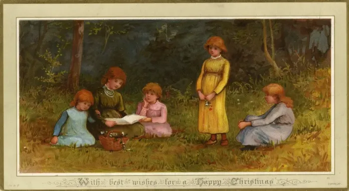 Framed Print : Christmas card, five children in a wood Framed Print : Christmas card, five children in a wood