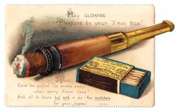 Framed Print : Christmas card with cigar and box of matches Framed Print : Christmas card with cigar and box of matches