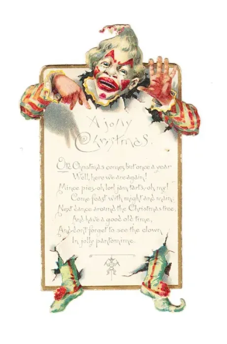 Framed Print : Christmas card with a clown breaking through Framed Print : Christmas card with a clown breaking through