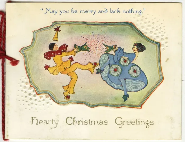 Framed Print : Christmas card, Clown and lady with cracker Framed Print : Christmas card, Clown and lady with cracker