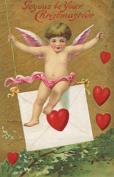 Christmas Card - Cupid, envelope and hearts
