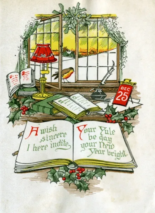 Framed Print : Christmas card with desk, window and robin Framed Print : Christmas card with desk, window and robin