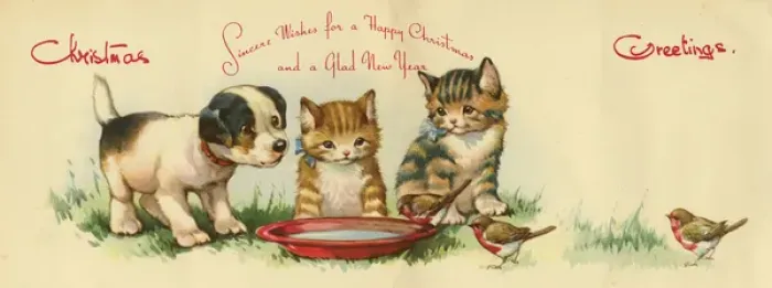 Framed Print : Christmas card, dog, kittens and robins Framed Print : Christmas card, dog, kittens and robins