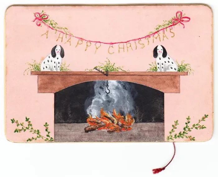 Framed Print : Christmas card with dogs and fireplace Framed Print : Christmas card with dogs and fireplace
