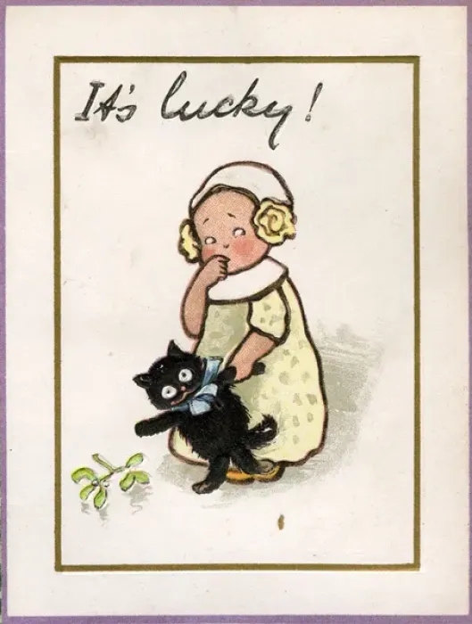 Framed Print : Christmas card, girl with black cat and mistletoe Framed Print : Christmas card, girl with black cat and mistletoe