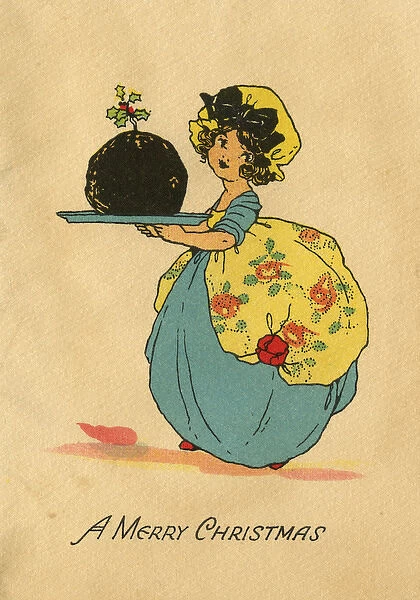 Christmas card, Girl carrying Christmas pudding