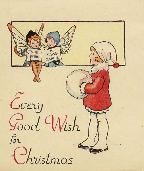 Christmas card, Girl and fairies singing carols
