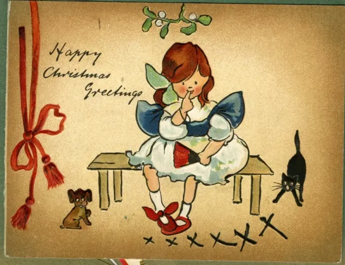 Framed Print : Christmas card, girl sitting under mistletoe Framed Print : Christmas card, girl sitting under mistletoe