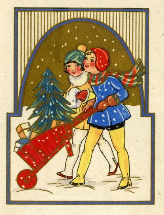Framed Print : Christmas card, two girls with wheelbarrow in snow Framed Print : Christmas card, two girls with wheelbarrow in snow