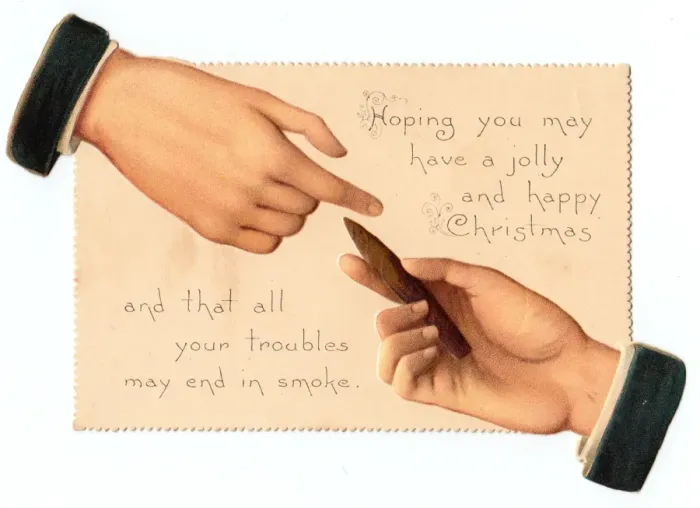 Framed Print : Christmas card with two hands and a cigar Framed Print : Christmas card with two hands and a cigar