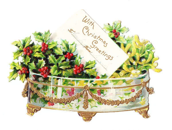 Christmas card with holly and mistletoe
