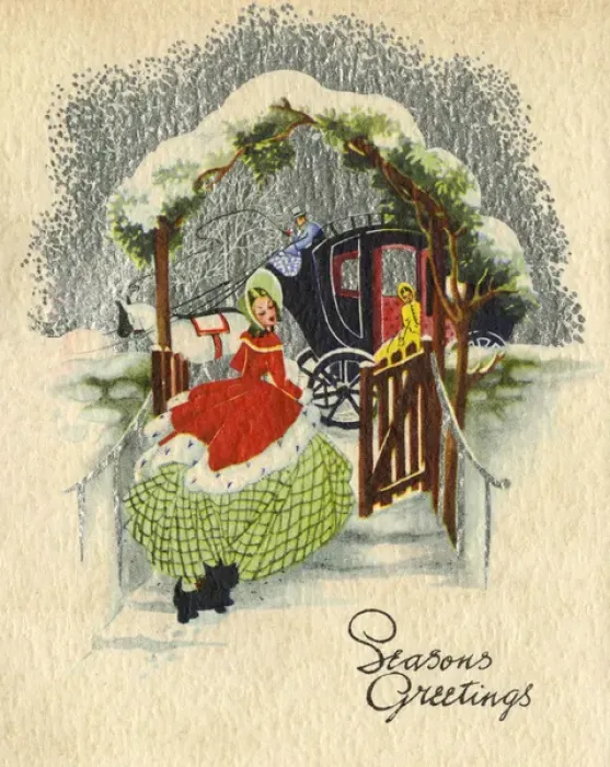 Framed Print : Christmas card, Lady in snow with stagecoach Framed Print : Christmas card, Lady in snow with stagecoach
