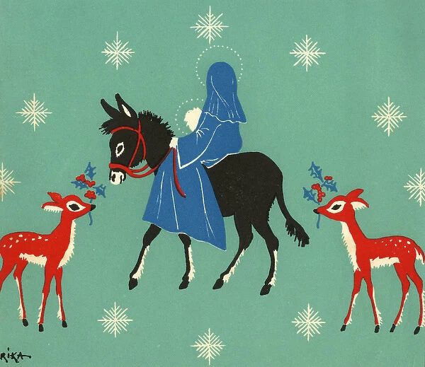 Christmas card, Mary and baby Jesus on a donkey