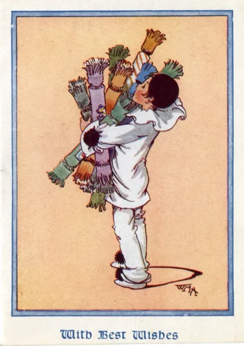 Framed Print : Christmas Card - Pierrot carrying Christmas crackers Framed Print : Christmas Card - Pierrot carrying Christmas crackers