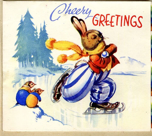 Christmas card, Rabbit skating on ice
