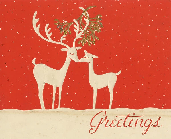 Christmas card, Reindeer kissing under mistletoe