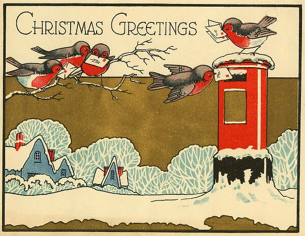 Christmas card, Robins posting Christmas Greetings