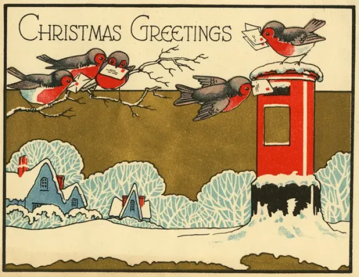 Framed Print : Christmas card, Robins posting Christmas Greetings Framed Print : Christmas card, Robins posting Christmas Greetings