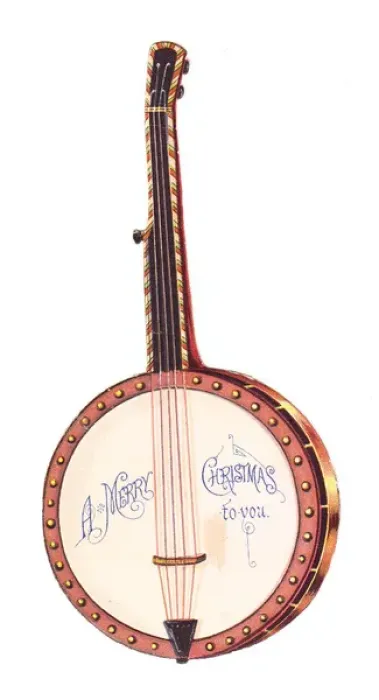 Framed Print : Christmas card in the shape of a banjo