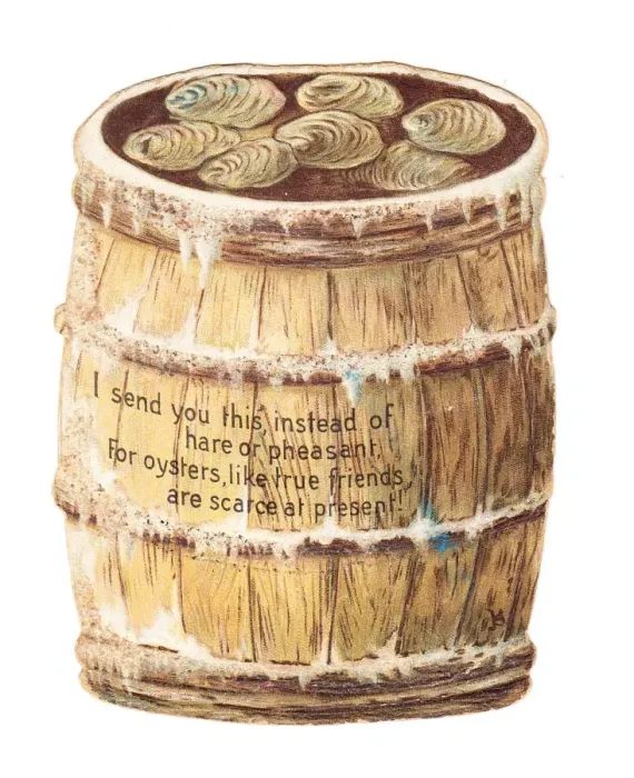 Framed Print : Christmas card in the shape of a barrel of oysters Framed Print : Christmas card in the shape of a barrel of oysters