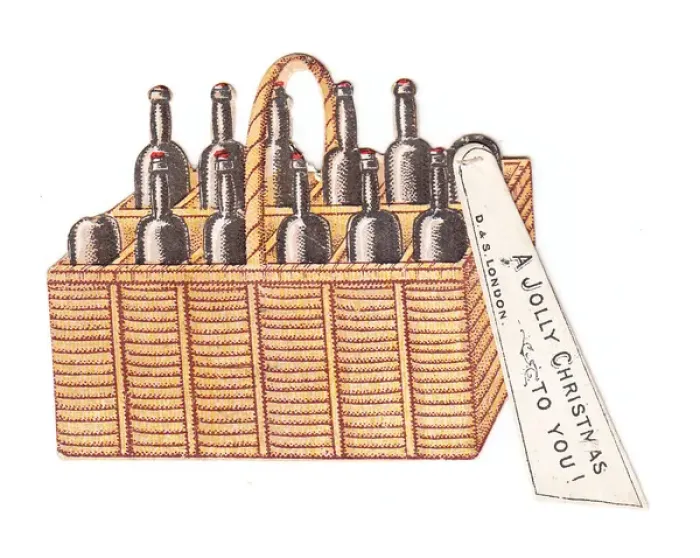 Framed Print : Christmas card in the shape of a basket of wine bottles Framed Print : Christmas card in the shape of a basket of wine bottles