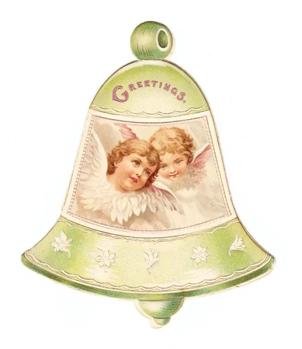 Framed Print : Christmas card in the shape of a bell with cherubs Framed Print : Christmas card in the shape of a bell with cherubs