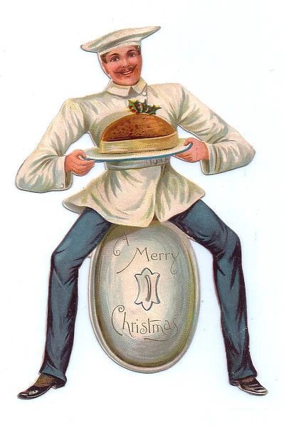 Christmas card in the shape of a chef holding a pudding
