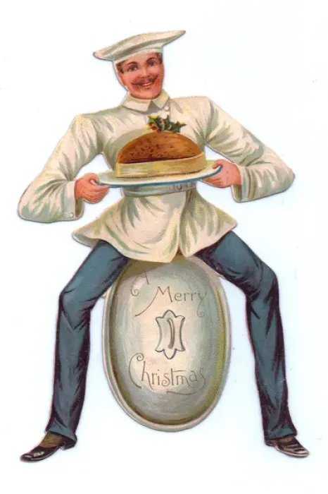 Framed Print : Christmas card in the shape of a chef holding a pudding Framed Print : Christmas card in the shape of a chef holding a pudding