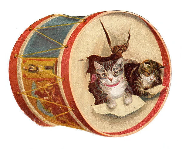 Christmas card in the shape of a drum with cats