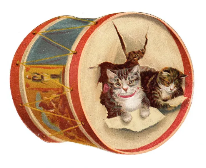 Framed Print : Christmas card in the shape of a drum with cats Framed Print : Christmas card in the shape of a drum with cats