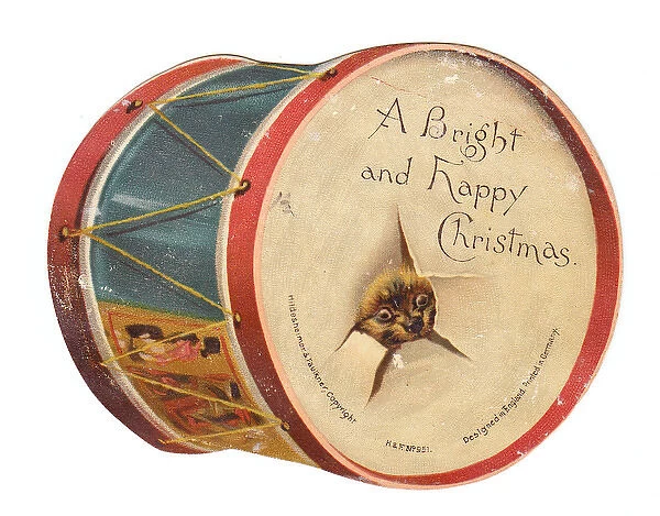 Christmas card in the shape of a drum with dog