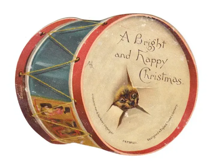 Framed Print : Christmas card in the shape of a drum with dog Framed Print : Christmas card in the shape of a drum with dog
