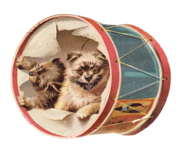 Framed Print : Christmas card in the shape of a drum with dogs Framed Print : Christmas card in the shape of a drum with dogs