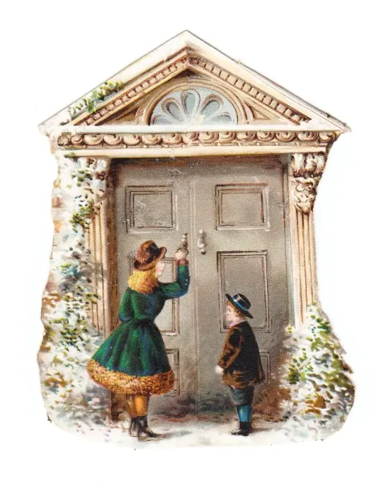 Framed Print : Christmas card in the shape of a large front door
