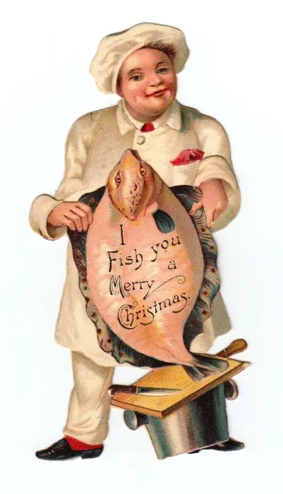 Framed Print : Christmas card in the shape of a man holding a fish Framed Print : Christmas card in the shape of a man holding a fish