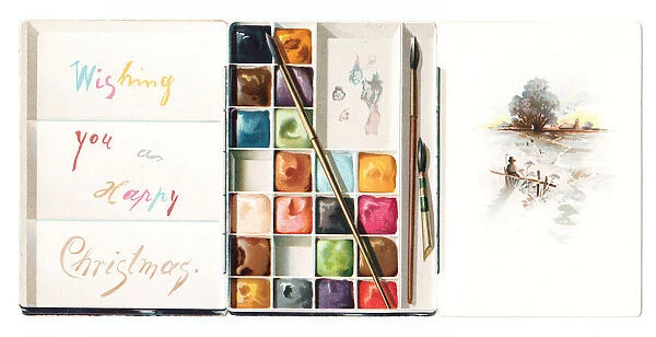 Christmas card in the shape of an open paintbox