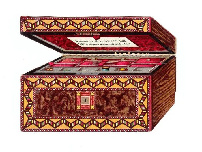 Framed Print : Christmas card in the shape of a sewing box Framed Print : Christmas card in the shape of a sewing box