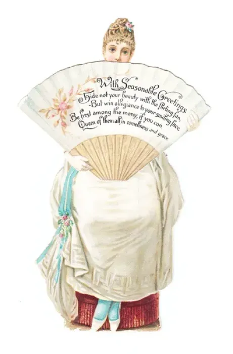 Framed Print : Christmas card in the shape of a woman holding a fan Framed Print : Christmas card in the shape of a woman holding a fan