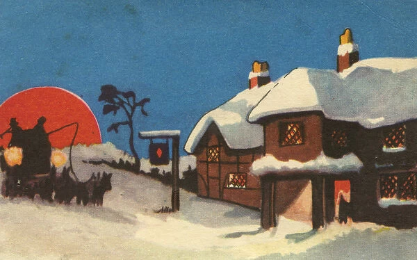 Christmas card, Snow scene with stagecoach