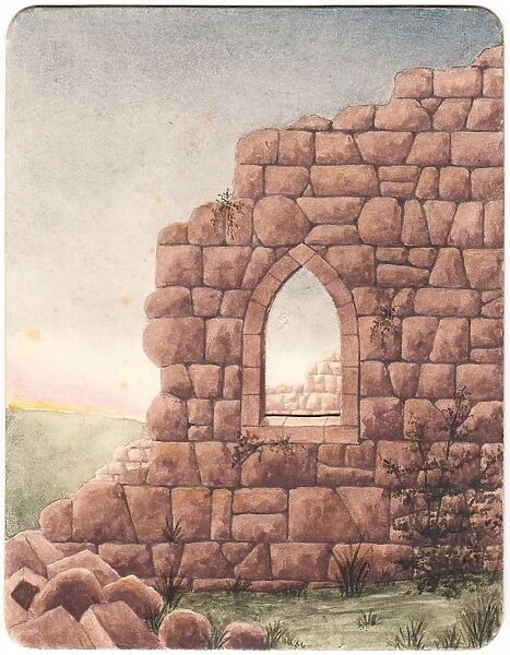 Christmas card with stone wall and gothic window