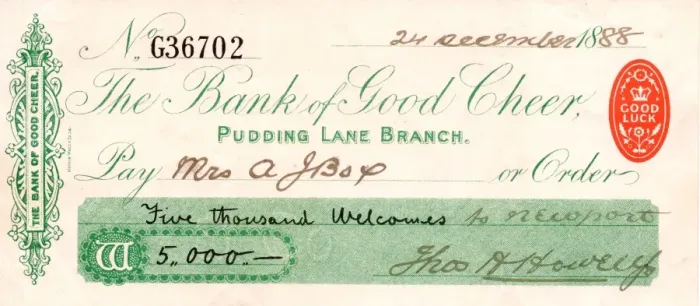 Framed Print : Christmas cheque from the Bank of Good Cheer Framed Print : Christmas cheque from the Bank of Good Cheer