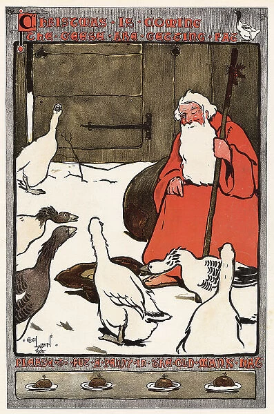Christmas is coming, the geese are getting fat. Please put a penny in the old man's hat. An illustration of Father Christmas keeping his eye on the curious geese. Date: 1900