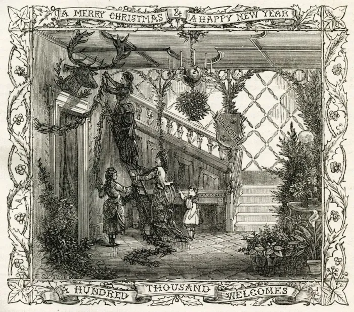 Framed Print : Christmas decorations: decorating the hall, 1877 Framed Print : Christmas decorations: decorating the hall, 1877