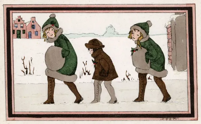 Framed Print : Christmas - Three Dutch girls walk through the snow Framed Print : Christmas - Three Dutch girls walk through the snow